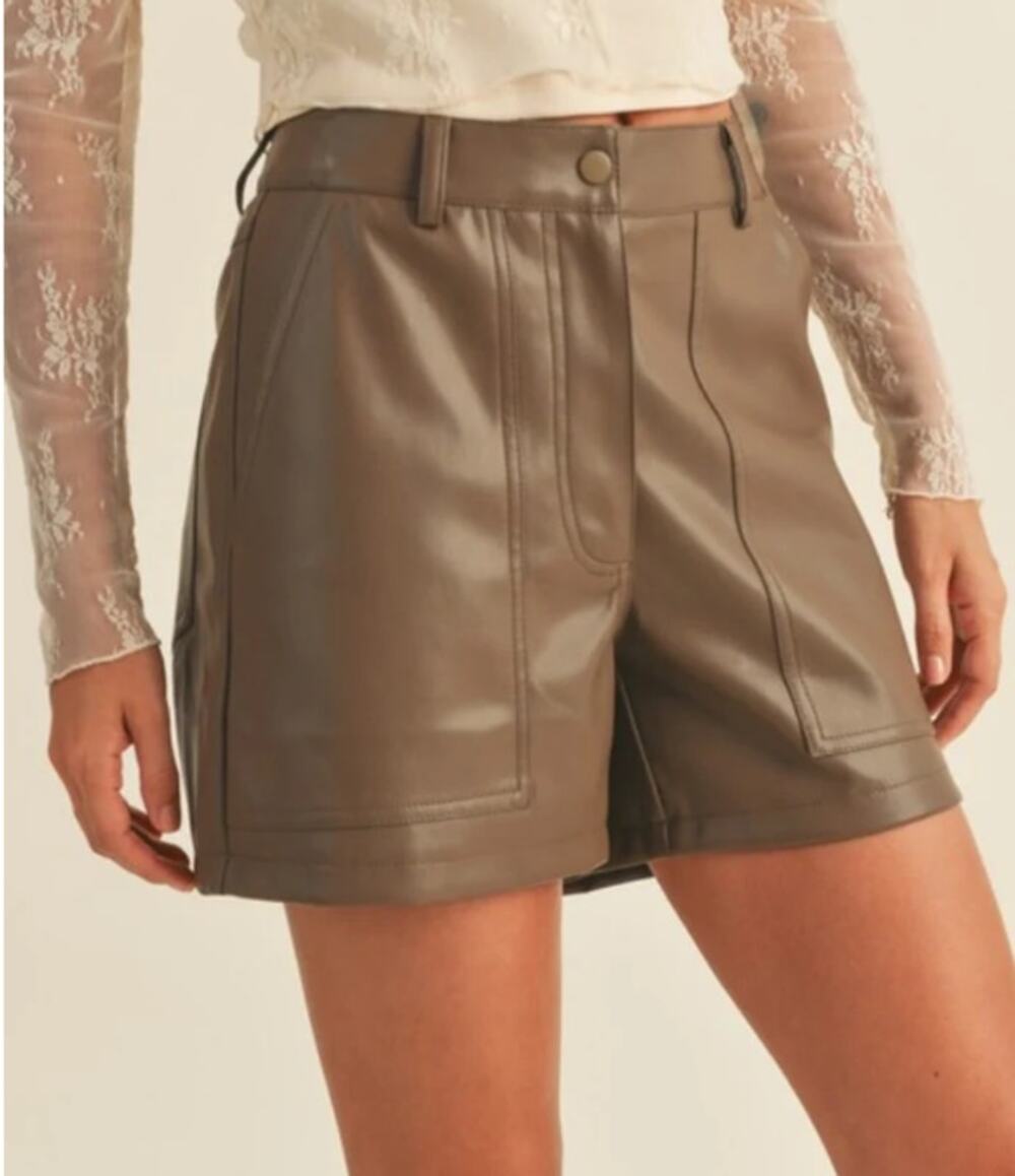 Miou Muse Faux Leather High Waisted Trouser Shorts Brown Women's Size Large